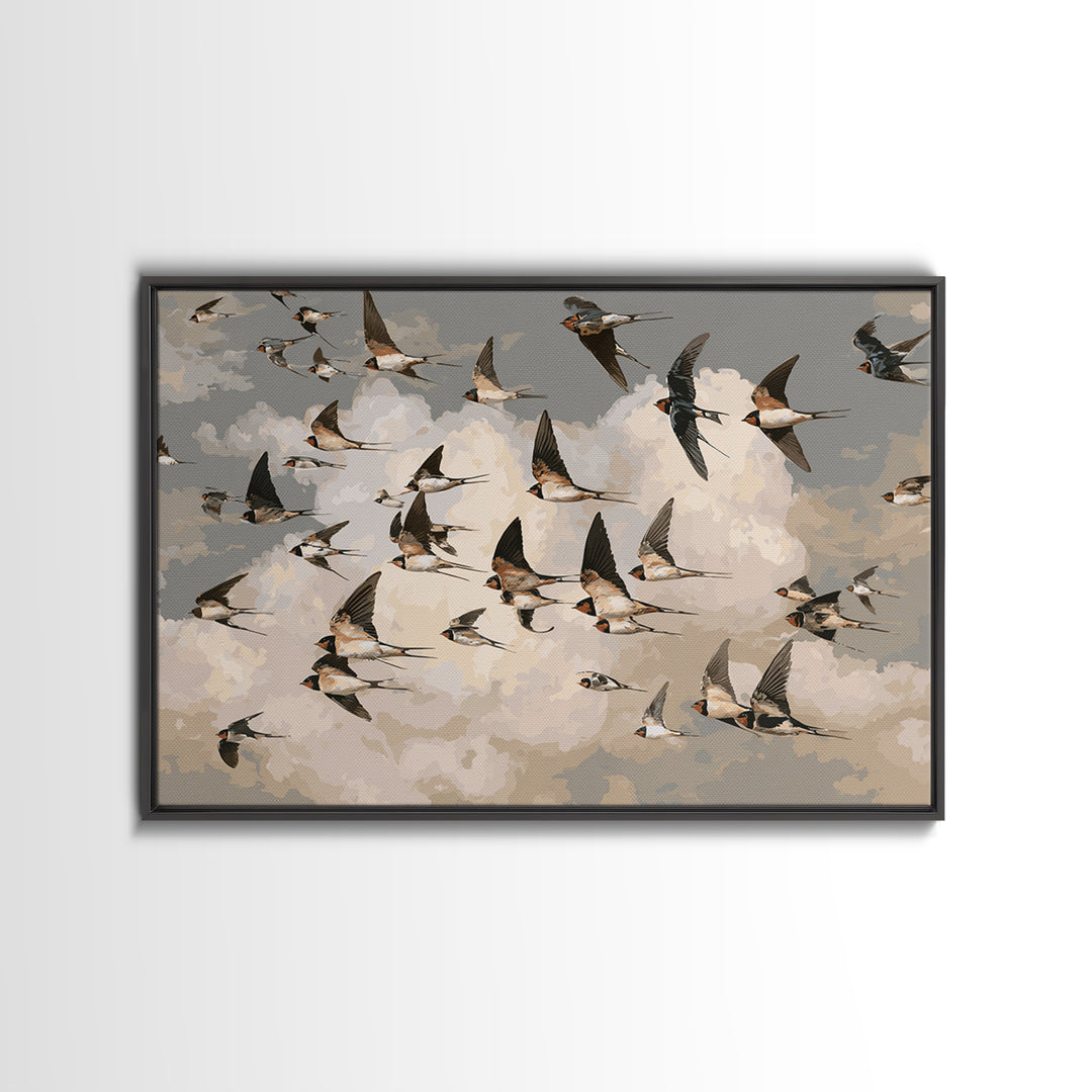 Flock of Swallows Sweeping Across Open Sky Framed Canvas Print, Bird Art, Nature Prints, Living Room Decor, Oil Painting, BIR-3x2-82