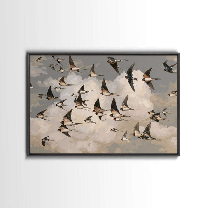 Flock of Swallows Sweeping Across Open Sky Framed Canvas Print, Bird Art, Nature Prints, Living Room Decor, Oil Painting, BIR-3x2-82