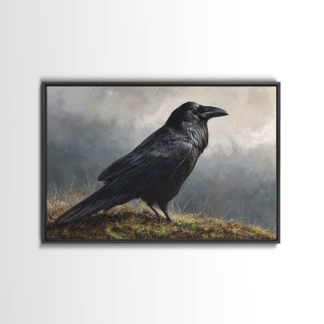 Raven Silhouette with Gothic Atmosphere Framed Canvas Print, Bird Art, Nature Wall Art, Living Room Decor, Fine Art, Flight, BIR-3x2-85