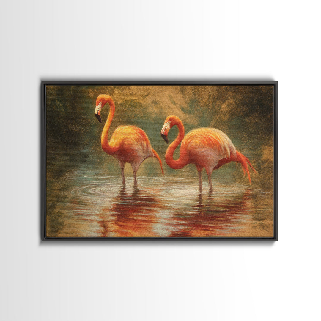 Flamingo Pair in Coral Water Reflections Framed Canvas Print, Bird Art, Gallery Wall, Living Room Decor, Fine Art, Flight, BIR-3x2-86