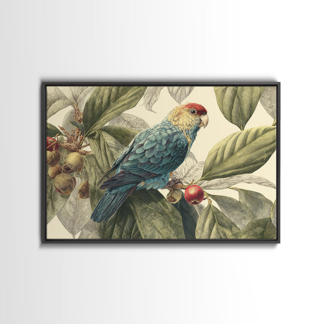Parrot Among Tropical Leaves and Fruit Canvas Print, Bird Art, Rustic Home Decor, Living Room Decor, Oil Painting, Flight, BIR-3x2-89