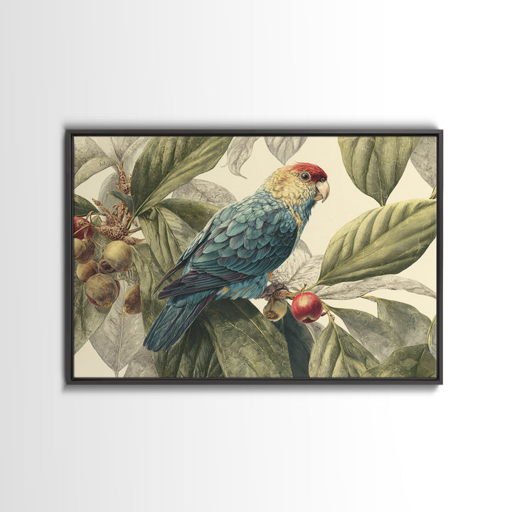 Parrot Among Tropical Leaves and Fruit Canvas Print, Bird Art, Rustic Home Decor, Living Room Decor, Oil Painting, Flight, BIR-3x2-89