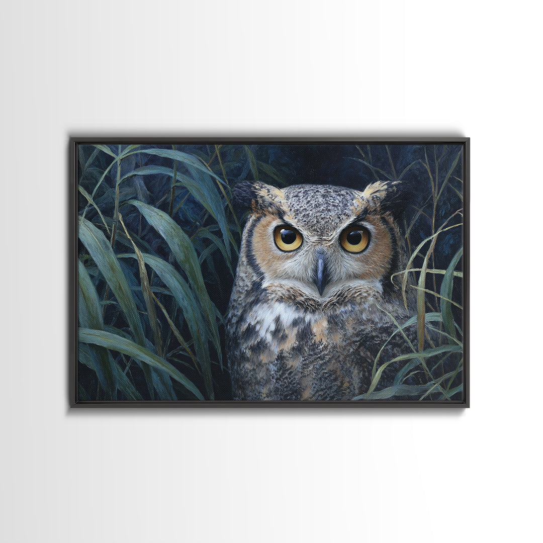 Owl Portrait with Wise Golden Eyes Framed Canvas Print, Bird Art, Boho Wall Decor, Living Room Decor, Fine Art, Flight, BIR-3x2-9