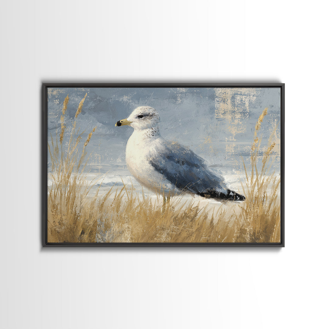 Seagulls Above a Pale Beach Horizon Framed Canvas Print, Bird Art, Art Print, Living Room Decor, Fine Art, Flight, Original Art, BIR-3x2-96
