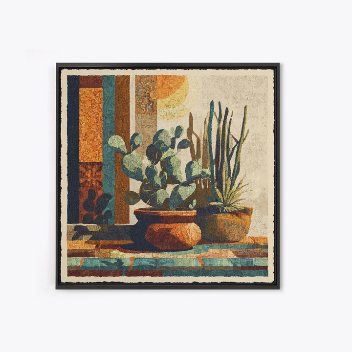 Desert Sun with Cactus and Warm Clay Framed Canvas Print, Boho Art, Textured Painting, Living Room Decor, Fine Art, Bohemian, BOH-1x1-1