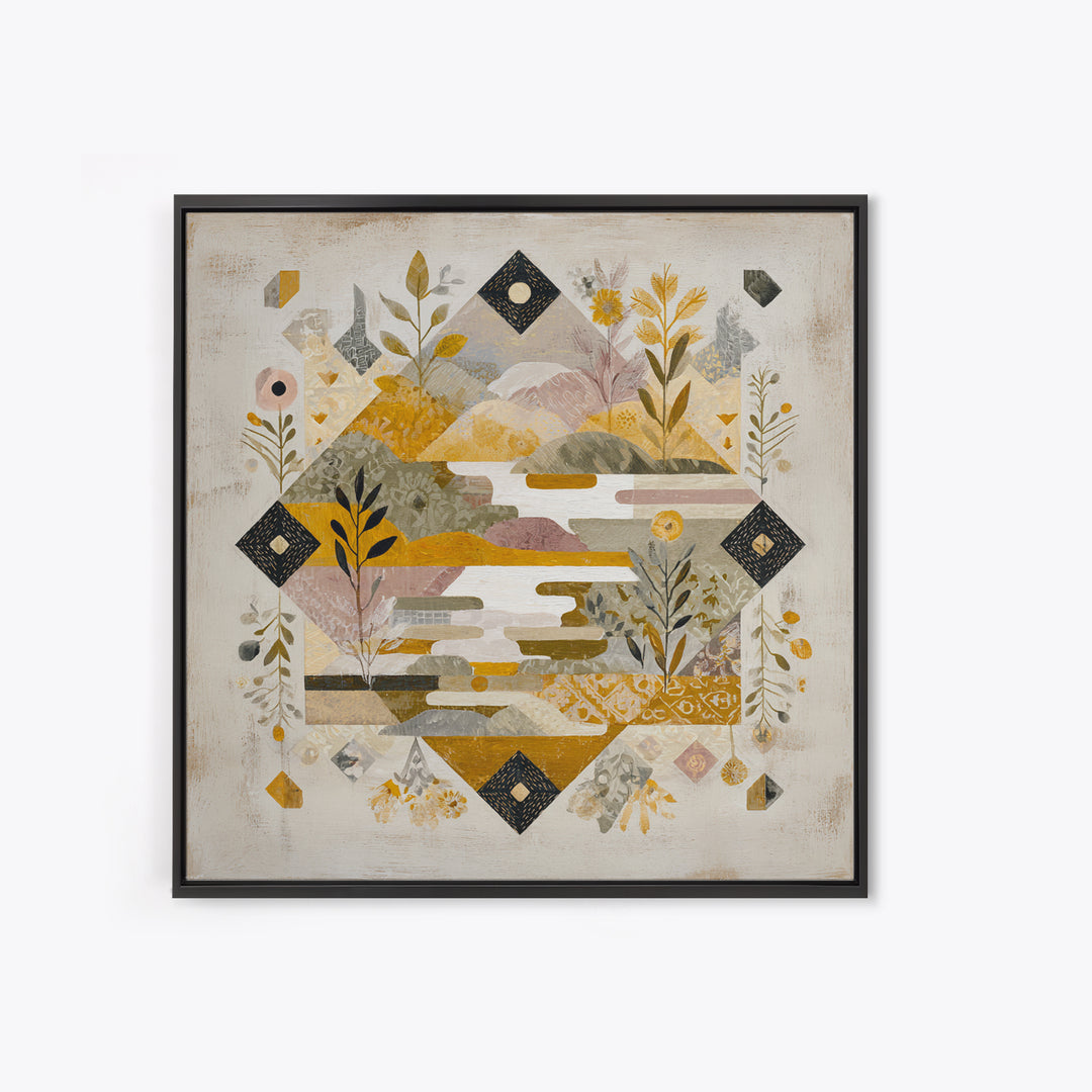 Earth Tone Mountain and River Abstraction Framed Canvas Print, Boho Art, Art Nouveau, Living Room Decor, Fine Art, Bohemian, BOH-1x1-11