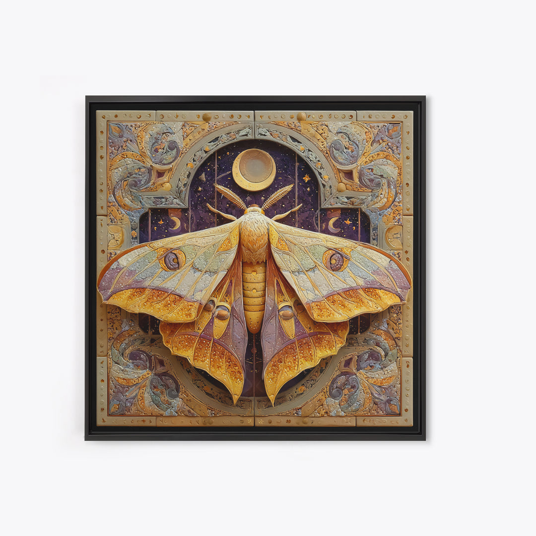 Golden Moth with Moon and Stars Canvas Print, Boho Art, Luxury Decor, Living Room Decor, Fine Art, Bohemian, Digital Art, BOH-1x1-17