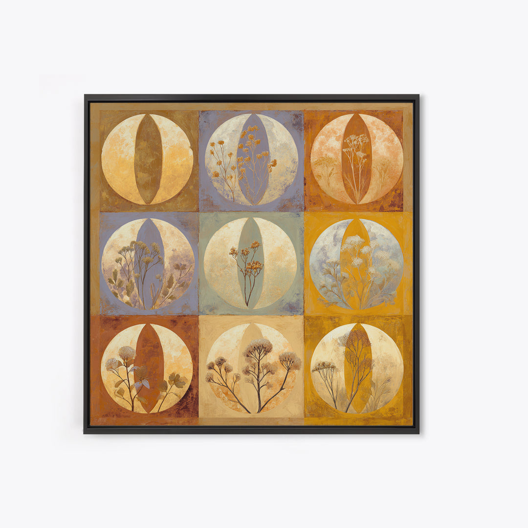 Moon Phases Above Botanical Silhouettes Framed Canvas Print, Boho Art, Boho Decor, Living Room Decor, Oil Painting, Bohemian, BOH-1x1-2