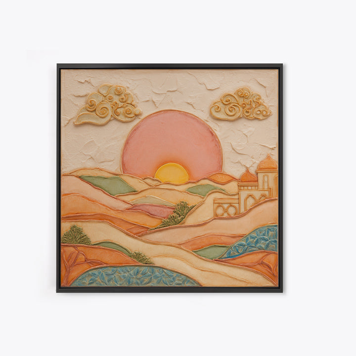 Sunrise over Rolling Dunes in Muted Peach Framed Canvas Print, Boho Art, Room Decor, Living Room Decor, Fine Art, Bohemian, BOH-1x1-21