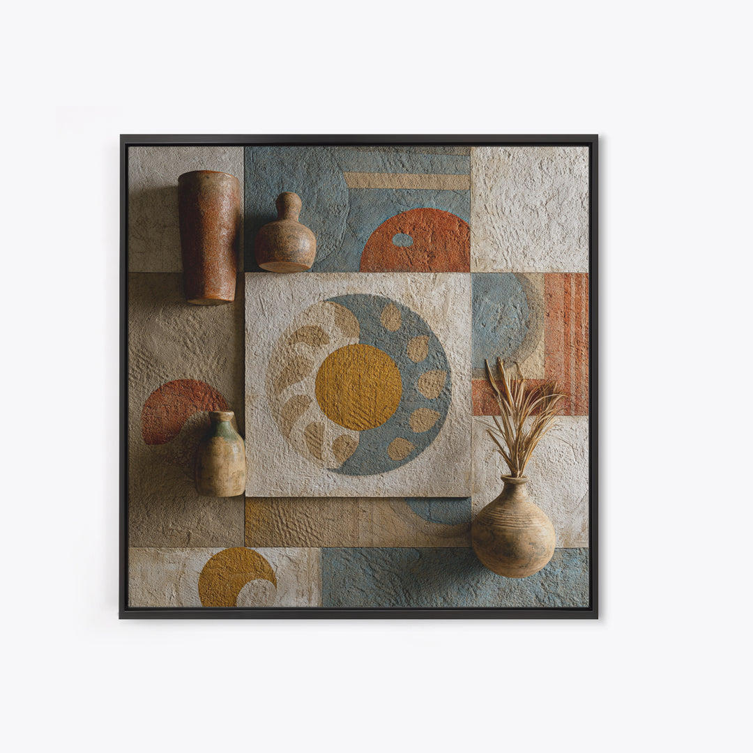 Sun and Moon Celestial Folk Motif Framed Canvas Print, Boho Art, Fine Art Print, Living Room Decor, Watercolor Art, Bohemian, BOH-1x1-34