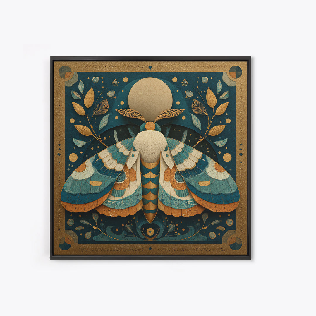 Golden Moth with Moon and Stars Framed Canvas Print, Boho Art, Wall Art, Living Room Decor, Fine Art, Bohemian, Art Deco, BOH-1x1-41