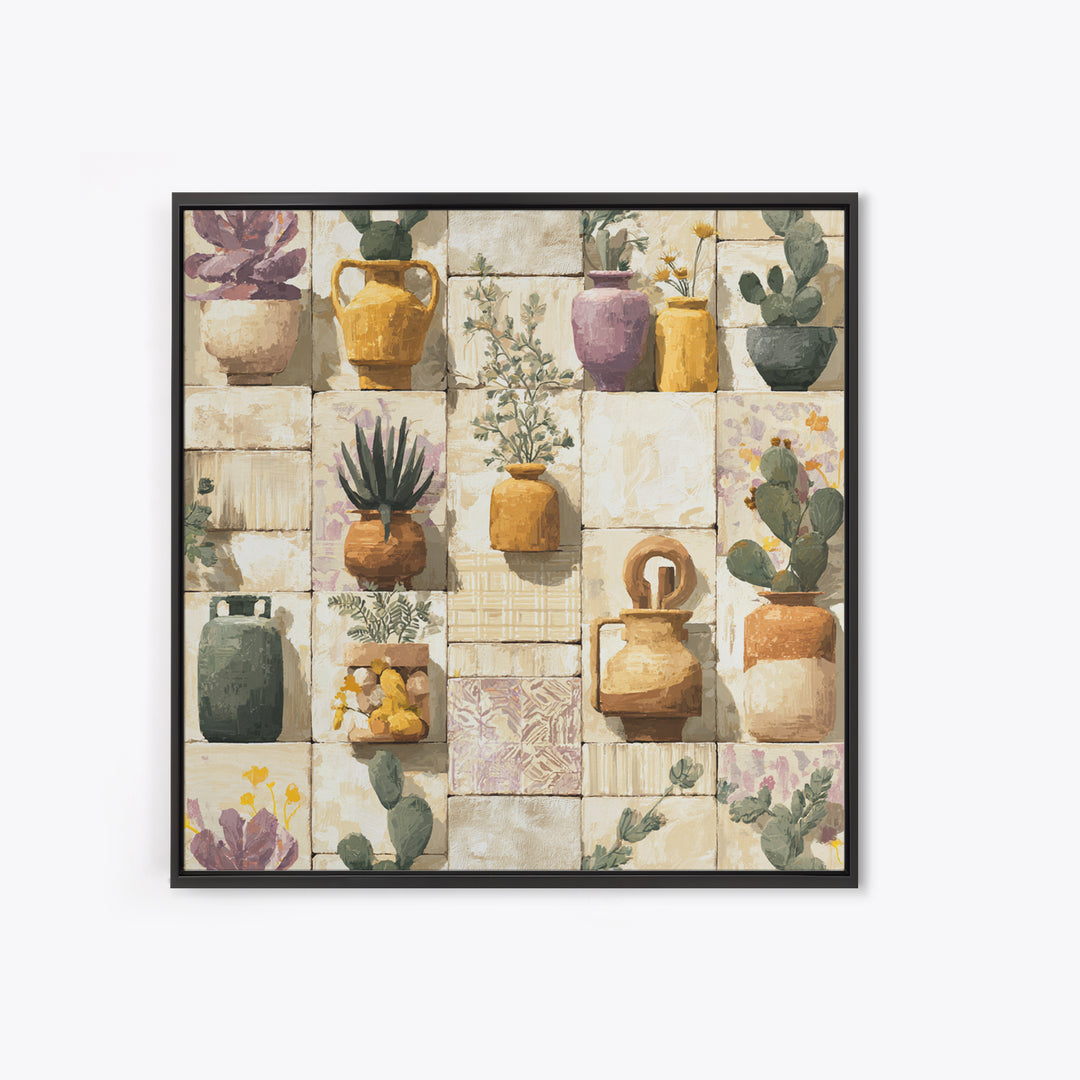 Warm Neutral Cactus Garden Illustration Framed Canvas Print, Boho Art, Wall Art Set, Living Room Decor, Fine Art, Bohemian, BOH-1x1-42