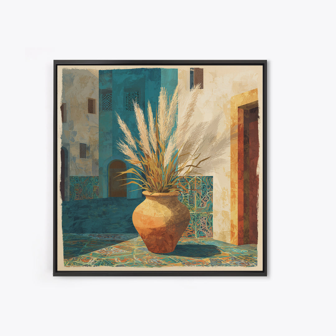 Bohemian Vase with Dried Pampas Grass Framed Canvas Print, Boho Art, Prints, Living Room Decor, Abstract Art, Bohemian, BOH-1x1-57