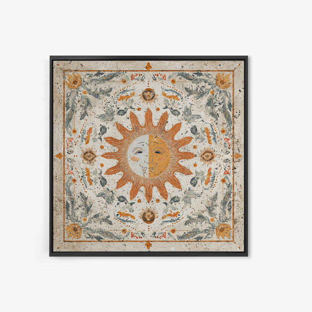 Sun and Moon Celestial Folk Motif Framed Canvas Print, Boho Art, Fine Art Print, Living Room Decor, Watercolor Art, Bohemian, BOH-1x1-58