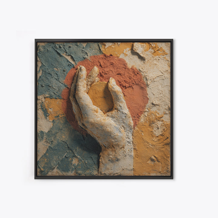 Mystic Hand Holding a Tiny Sun Framed Canvas Print, Boho Art, Living Room Wall Art, Living Room Decor, Watercolor Art, Bohemian, BOH-1x1-6