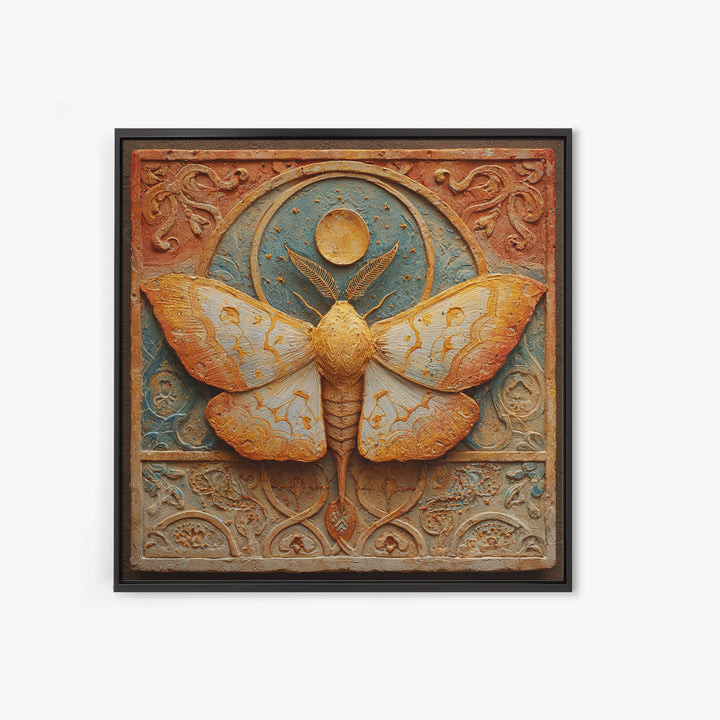 Golden Moth with Moon and Stars Framed Canvas Print, Boho Art, Wall Art, Living Room Decor, Fine Art, Bohemian, Art Deco, BOH-1x1-65