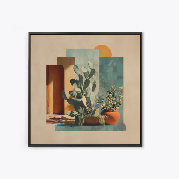 Desert Sun with Cactus and Warm Clay Framed Canvas Print, Boho Art, Printable, Living Room Decor, Watercolor Art, Bohemian, BOH-1x1-73