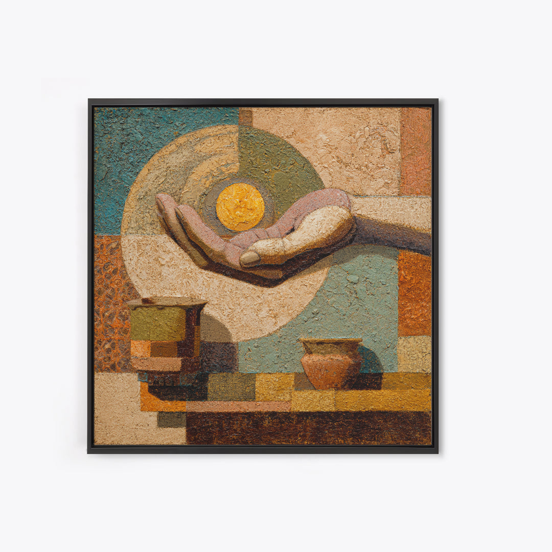 Mystic Hand Holding a Tiny Sun Framed Canvas Print, Boho Art, Textured Painting, Living Room Decor, Fine Art, Bohemian, BOH-1x1-78