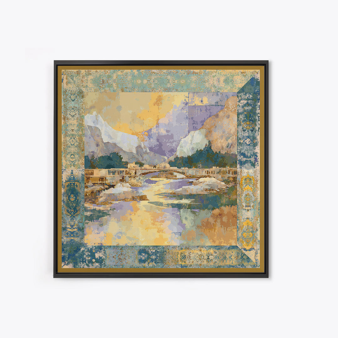 Earth Tone Mountain and River Abstraction Framed Canvas Print, Boho Art, Living Room Decor, Oil Painting, Bohemian, BOH-1x1-83