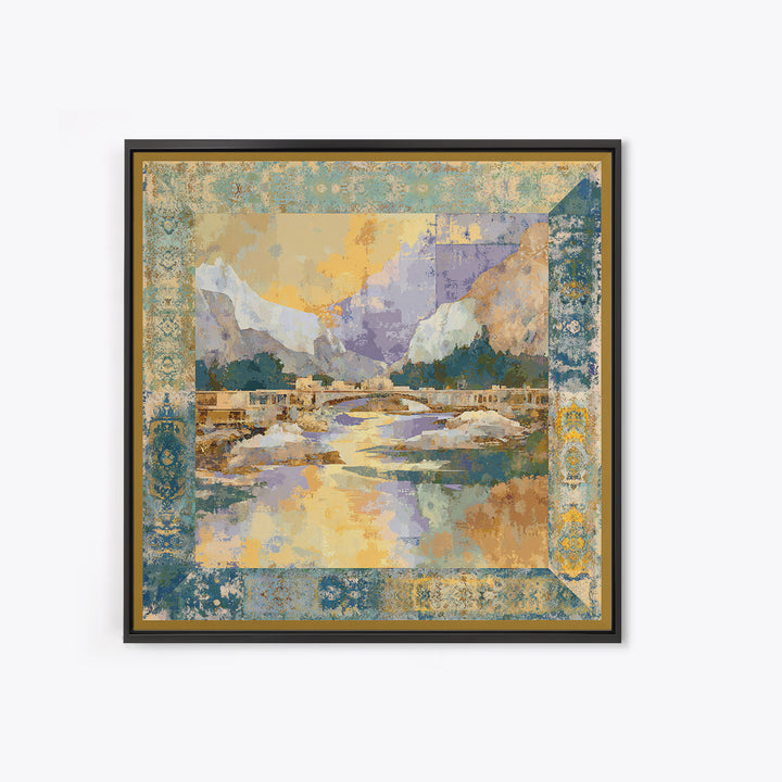 Earth Tone Mountain and River Abstraction Framed Canvas Print, Boho Art, Living Room Decor, Oil Painting, Bohemian, BOH-1x1-83