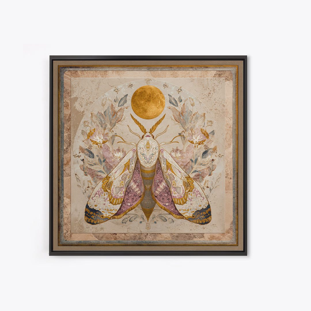 Golden Moth with Moon and Stars Canvas Print, Boho Art, Art Print, Living Room Decor, Fine Art, Bohemian, Digital Print, BOH-1x1-89