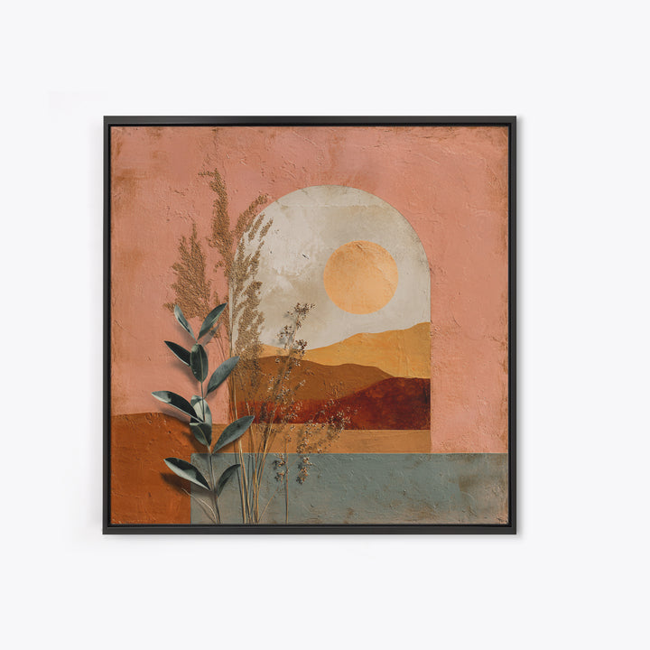 Sunrise over Rolling Dunes in Muted Peach Framed Canvas Print, Boho Art, Digital Art, Living Room Decor, Oil Painting, Bohemian, BOH-1x1-93
