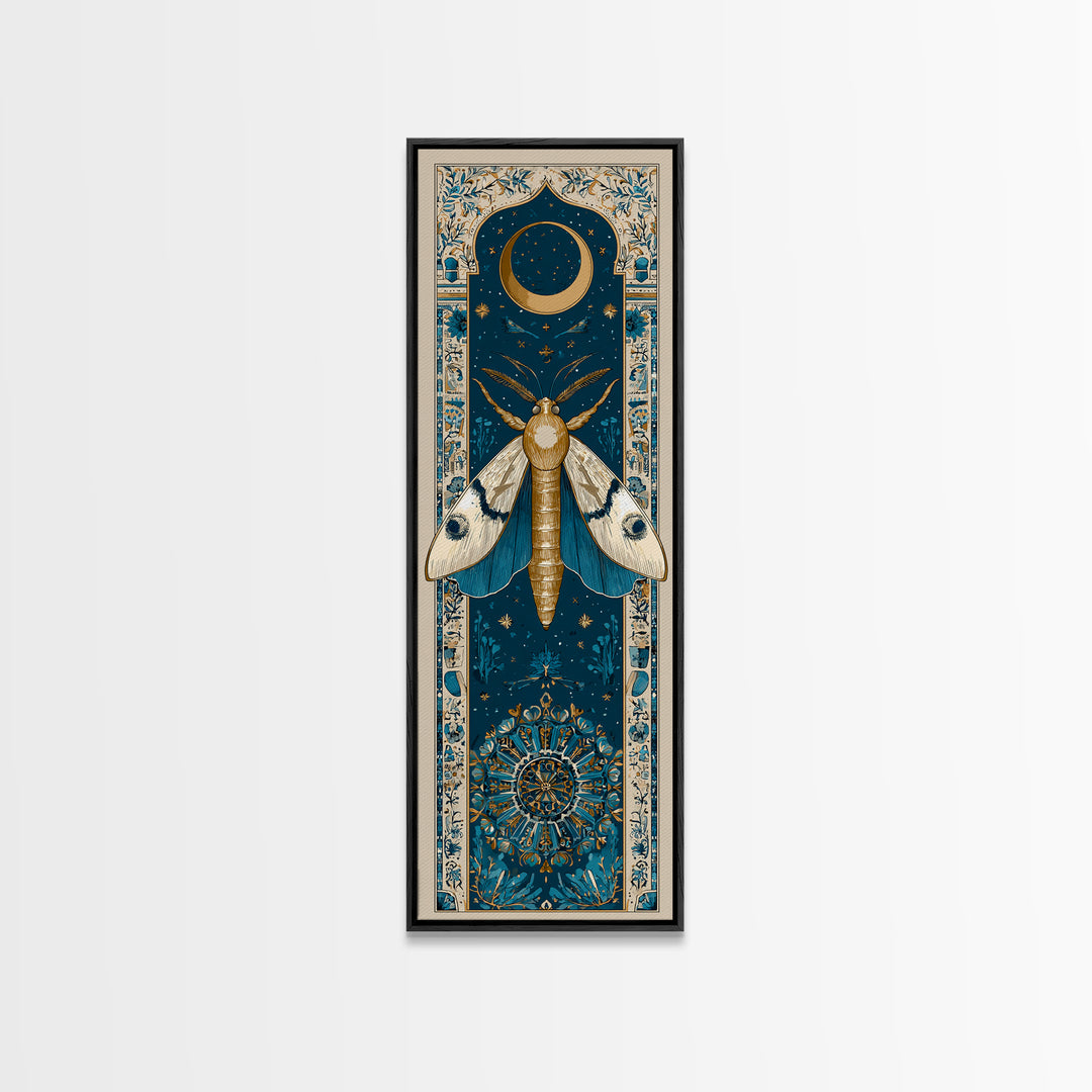 Golden Moth with Moon and Stars Framed Canvas Print, Boho Art, Prints, Living Room Decor, Fine Art, Bohemian, Abstract Art, BOH-1x3-29