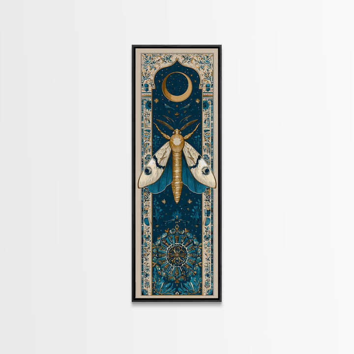Golden Moth with Moon and Stars Framed Canvas Print, Boho Art, Prints, Living Room Decor, Fine Art, Bohemian, Abstract Art, BOH-1x3-29