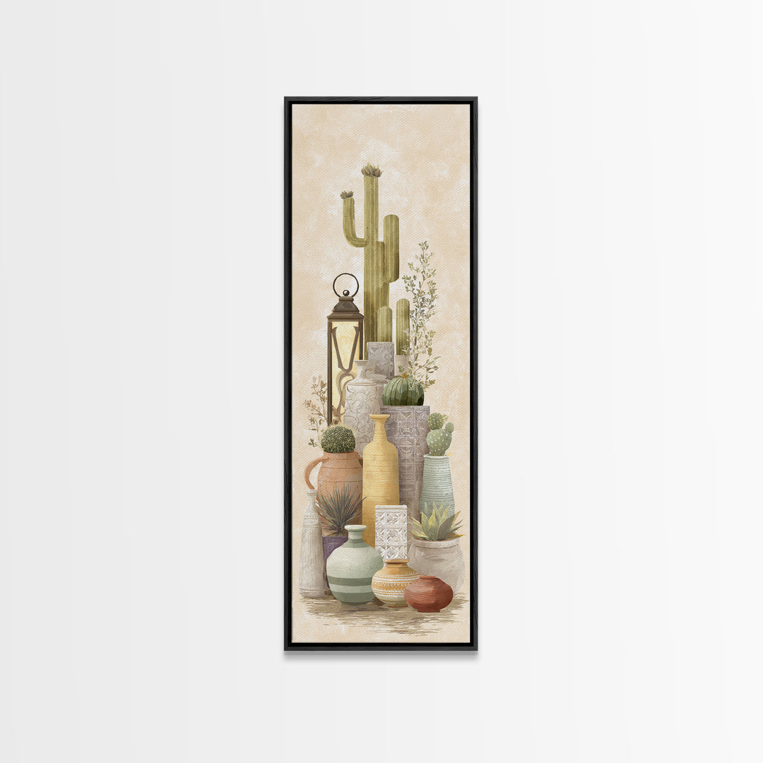 Warm Neutral Cactus Garden Illustration Framed Canvas Print, Boho Art, Fine Art Print, Living Room Decor, Watercolor Art, BOH-1x3-30