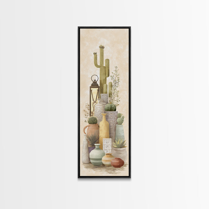 Warm Neutral Cactus Garden Illustration Framed Canvas Print, Boho Art, Fine Art Print, Living Room Decor, Watercolor Art, BOH-1x3-30
