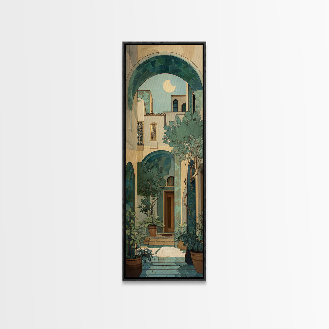Sage Green Eucalyptus and Crescent Moon Canvas Print, Boho Art, Abstract Wall Art, Living Room Decor, Fine Art, Bohemian, BOH-1x3-35