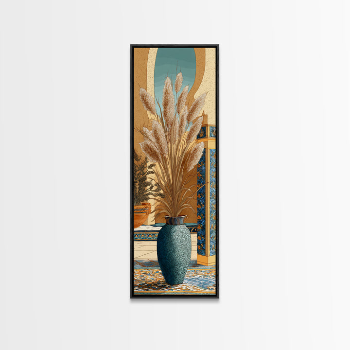 Bohemian Vase with Dried Pampas Grass Framed Canvas Print, Boho Art, Printable, Living Room Decor, Oil Painting, Bohemian, BOH-1x3-45