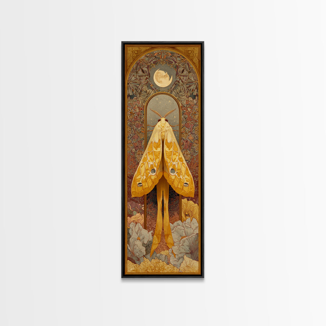 Golden Moth with Moon and Stars Canvas Print, Boho Art, Minimalist Decor, Living Room Decor, Bohemian, Digital Wall Art, BOH-1x3-5