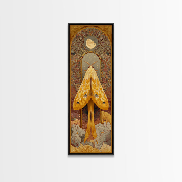 Golden Moth with Moon and Stars Canvas Print, Boho Art, Minimalist Decor, Living Room Decor, Bohemian, Digital Wall Art, BOH-1x3-5