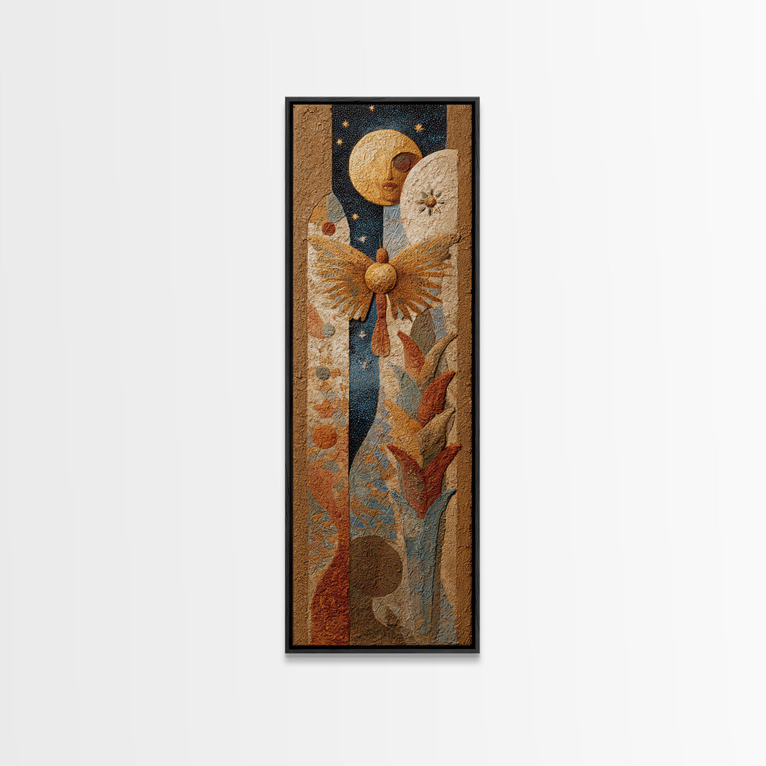 Golden Moth with Moon and Stars Framed Canvas Print, Boho Art, Prints, Living Room Decor, Fine Art, Bohemian, Abstract Art, BOH-1x3-53