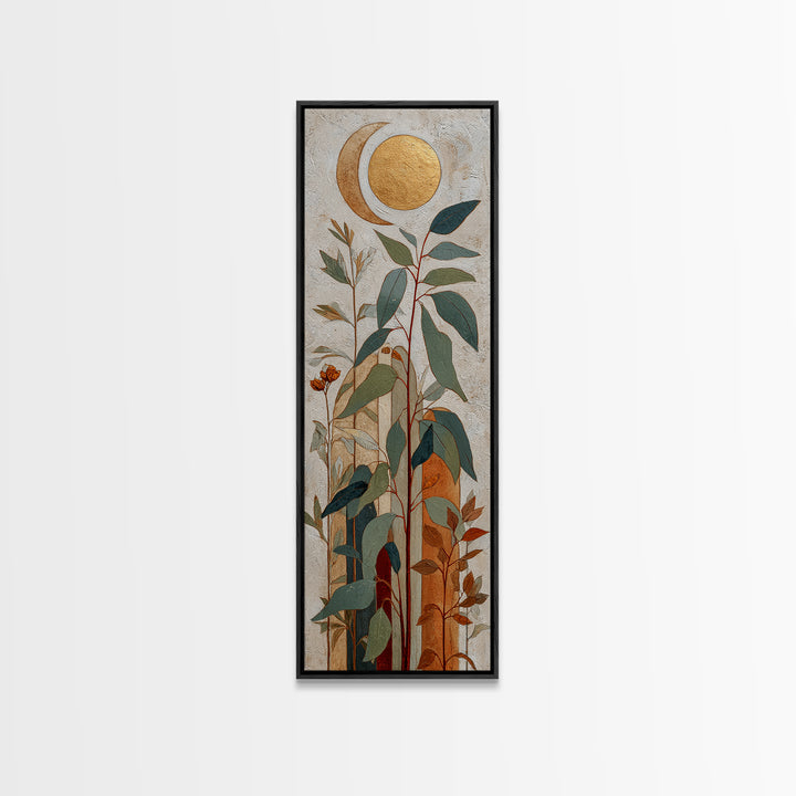 Sage Green Eucalyptus and Crescent Moon Canvas Print, Boho Art, Modern Decor, Living Room Decor, Fine Art, Bohemian, Wall Decor, BOH-1x3-59