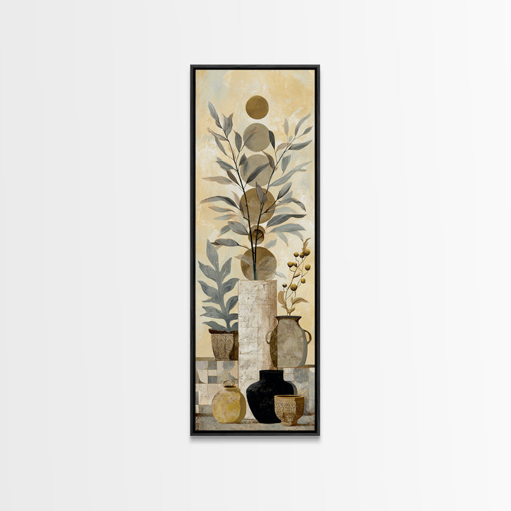 Moon Phases Above Botanical Silhouettes Framed Canvas Print, Boho Art, Living Room Decor, Oil Painting, Bohemian, BOH-1x3-62