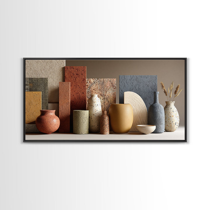 Abstract Clay Shapes Framed Canvas Print, Boho Art, Textured Painting, Living Room Decor, Abstract Art, Bohemian, BOH-2x1-12