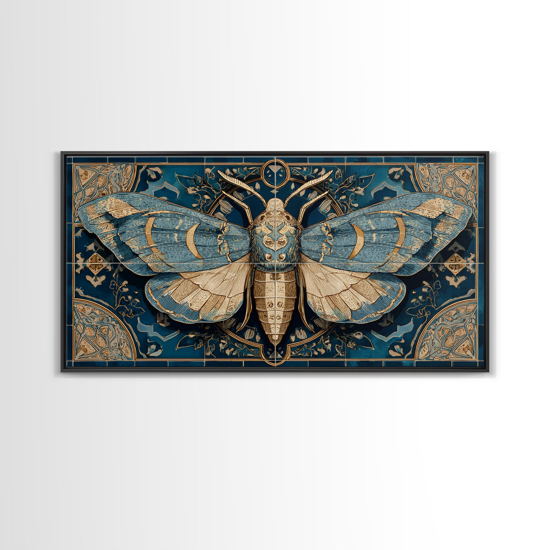 Golden Moth with Moon and Stars Framed Canvas Print, Boho Art, Boho, Living Room Decor, Fine Art, Bohemian, Wall Art Print, BOH-2x1-13