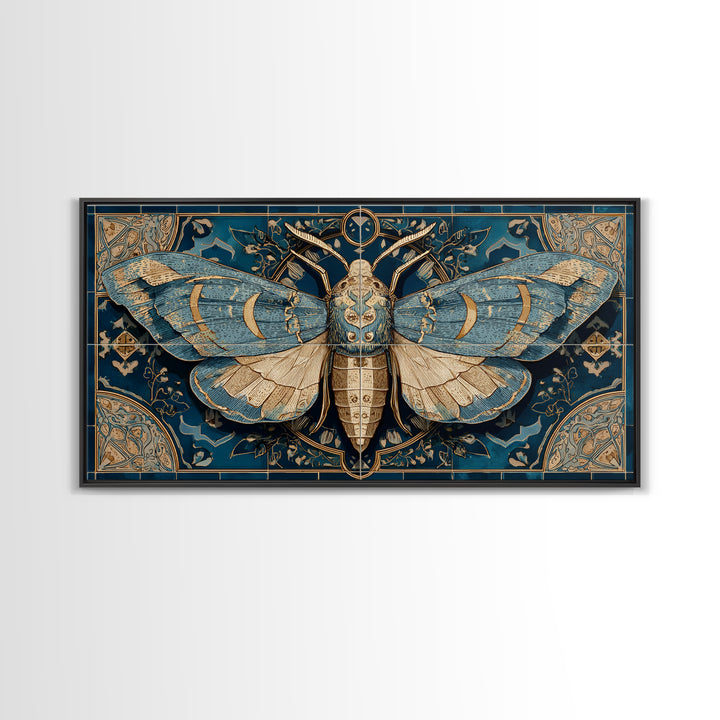Golden Moth with Moon and Stars Framed Canvas Print, Boho Art, Boho, Living Room Decor, Fine Art, Bohemian, Wall Art Print, BOH-2x1-13