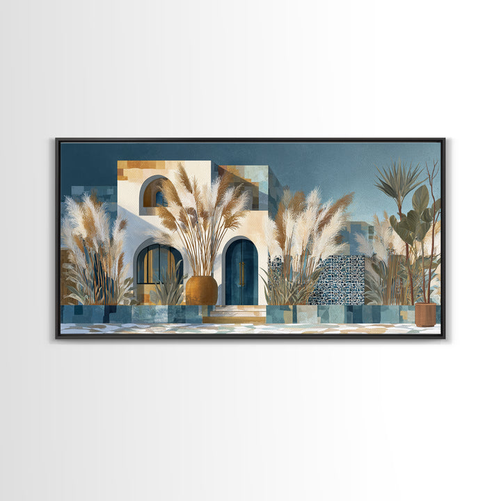 Bohemian Vase with Dried Pampas Grass Framed Canvas Print, Boho Art, Art Nouveau, Living Room Decor, Watercolor Art, Bohemian, BOH-2x1-29