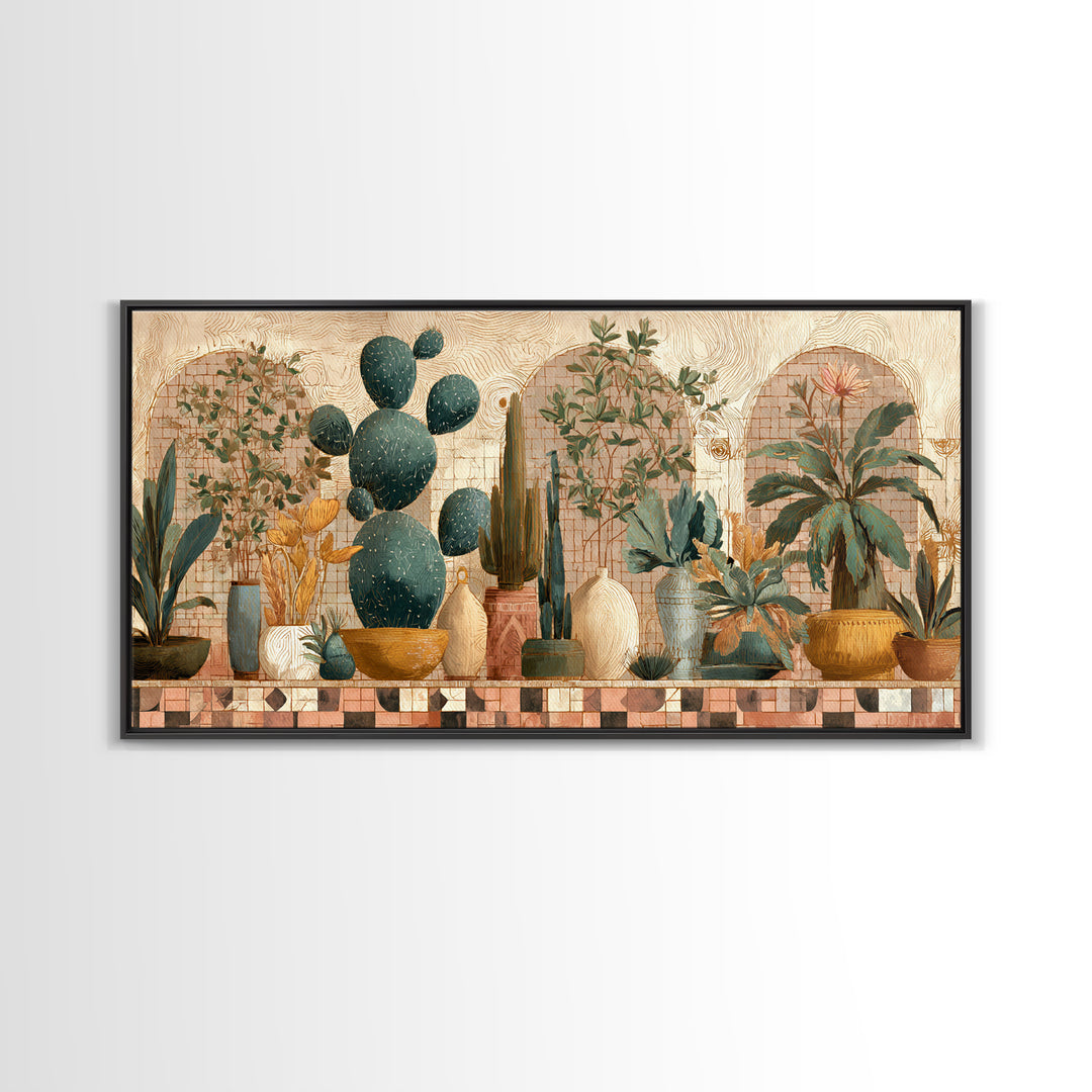 Warm Neutral Cactus Garden Illustration Framed Canvas Print, Boho Art, Living Room Decor, Watercolor Art, Bohemian, BOH-2x1-38