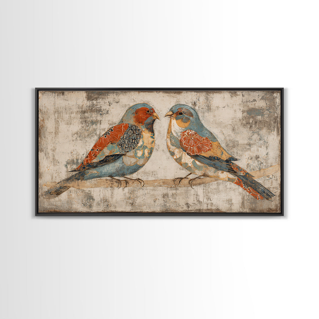 Boho Bird Pair Framed Canvas Print, Boho Art, Wall Decor, Living Room Decor, Fine Art, Bohemian, Art Nouveau, Abstract Art, BOH-2x1-40