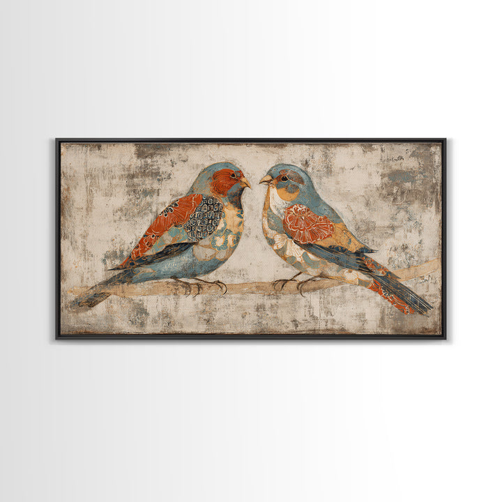 Boho Bird Pair Framed Canvas Print, Boho Art, Wall Decor, Living Room Decor, Fine Art, Bohemian, Art Nouveau, Abstract Art, BOH-2x1-40