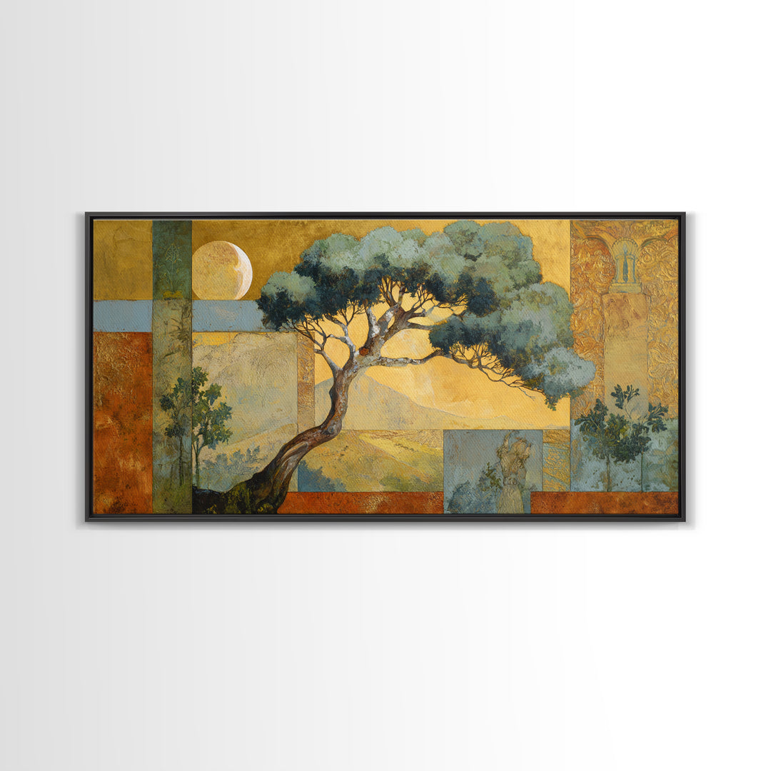 Sage Green Eucalyptus and Crescent Moon Framed Canvas Print, Boho Art, Digital Wall Art, Living Room Decor, Fine Art, Bohemian, BOH-2x1-43