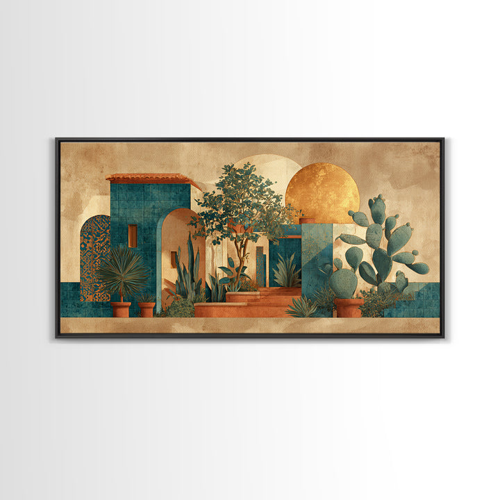 Desert Sun with Cactus and Warm Clay Framed Canvas Print, Boho Art, Printable Art, Living Room Decor, Oil Painting, Bohemian, BOH-2x1-45