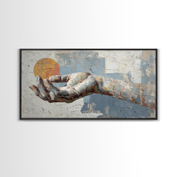 Mystic Hand Holding a Tiny Sun Framed Canvas Print, Boho Art, Printable, Living Room Decor, Bohemian, Abstract Wall Art, BOH-2x1-50