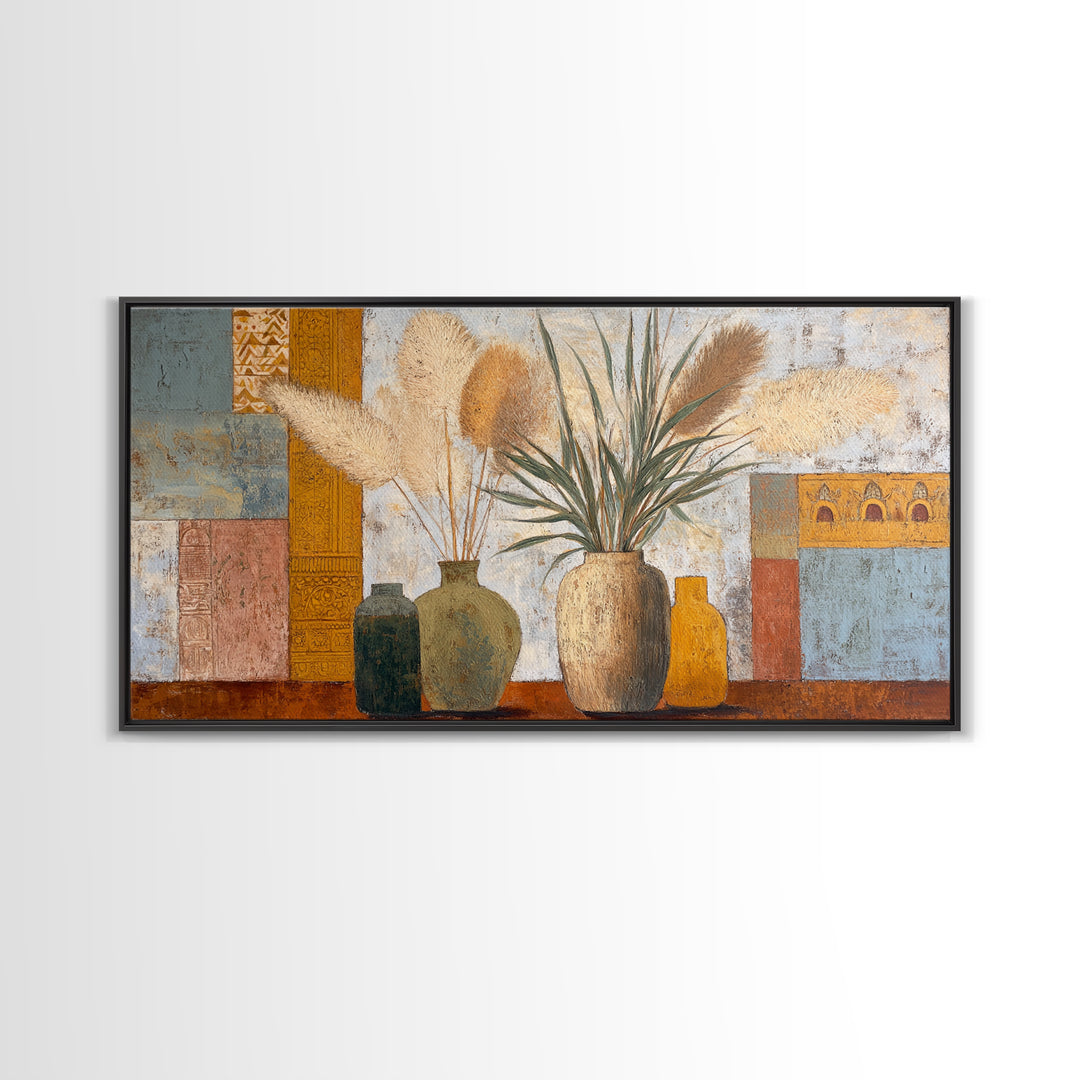 Bohemian Vase with Dried Pampas Grass Canvas Print, Boho Art, Abstract Wall Art, Living Room Decor, Oil Painting, Bohemian, BOH-2x1-53