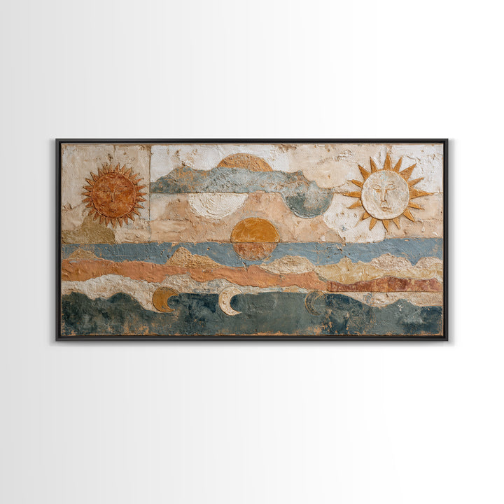 Sun and Moon Celestial Folk Motif Framed Canvas Print, Boho Art, Wall Decor, Living Room Decor, Fine Art, Bohemian, Art Nouveau, BOH-2x1-6