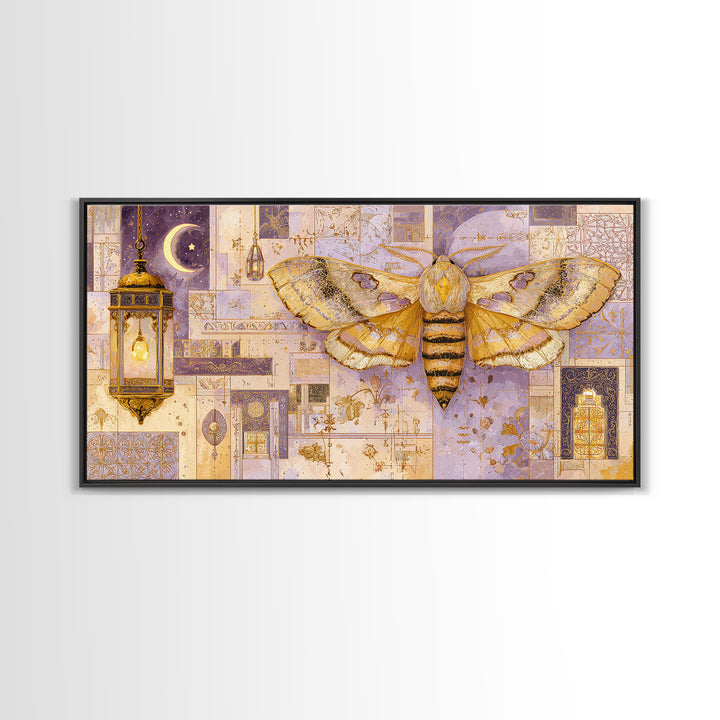 Golden Moth with Moon and Stars Canvas Print, Boho Art, Canvas Art, Living Room Decor, Fine Art, Bohemian, Wall Art Set, BOH-2x1-61